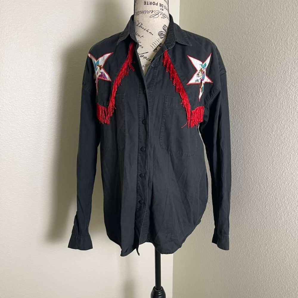 Side Saddle Vintage 1992 Western Fringe Shirt Black Embroidered Star Cowgirl M‎